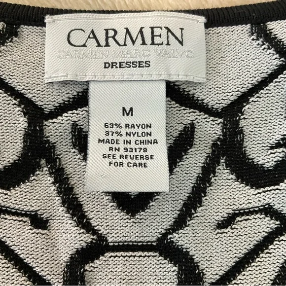 Carmen Marc Valvo Knit Dress Black + Ivory Body-con Jacquard/Damask Prin… - Picture 13 of 13